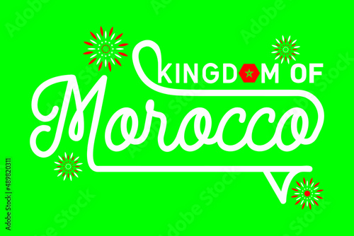 Logo presenting the kingdom of Morocco with the colors red and green plus stars in the form of fireworks. Flags of Morocco. Typography Vector illustration. Graphic logo printed for t-shirt clothing.