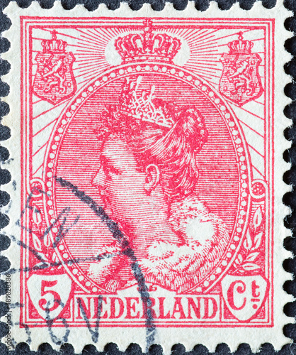 Netherlands - circa 1899 a postage stamp from the Netherlands , showing a portrait of Queen Wilhelmina (1880-1962) photo