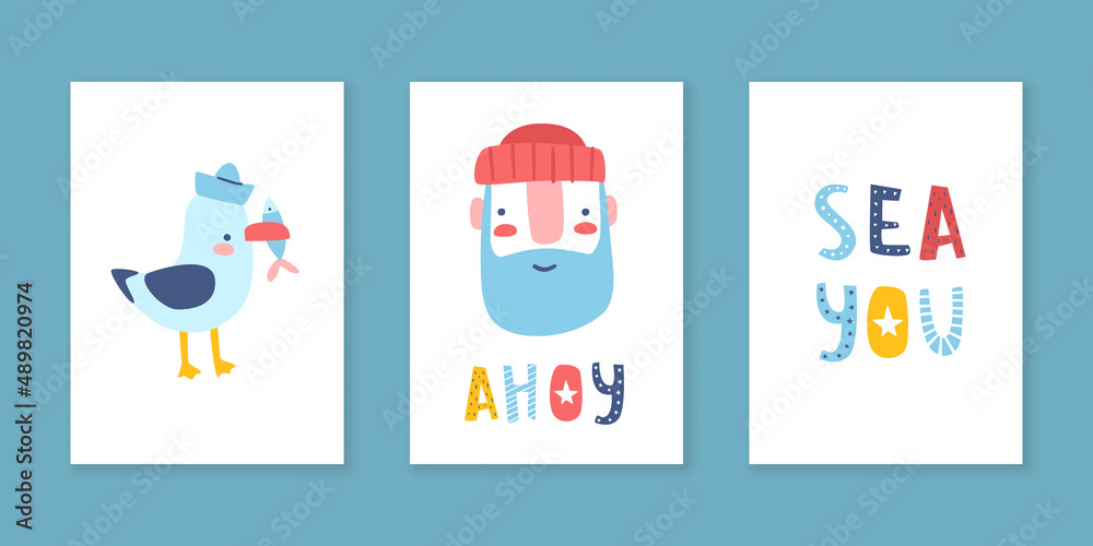 Obraz premium Nursery doodle posters set with lettering. Sailor and seagull vector prints collection. Abstract colorful baby wall art.
