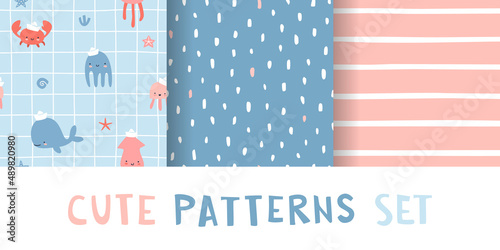 Set of cute baby marine patterns. Blue and pink seamless vector prints collection for kids fabric.