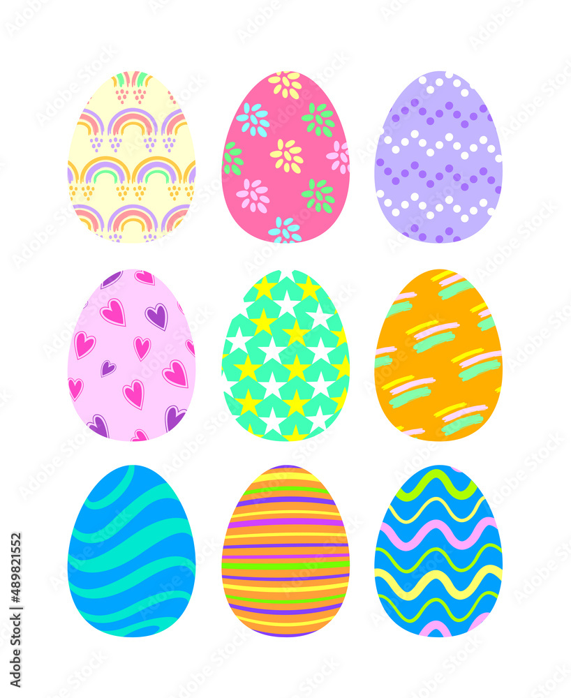 Collection of colorful easter eggs. Traditional religious holiday celebration. Vector illustration.