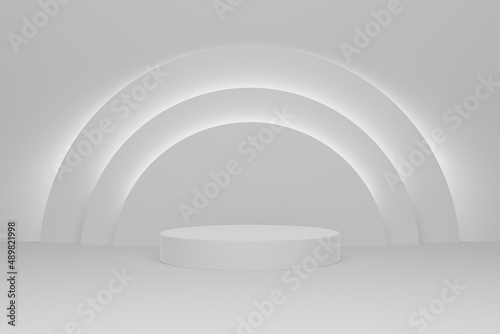 Blank white gradient background with circle glowing product display platform. Empty studio with podium pedestal on a white backdrop. 3D rendering