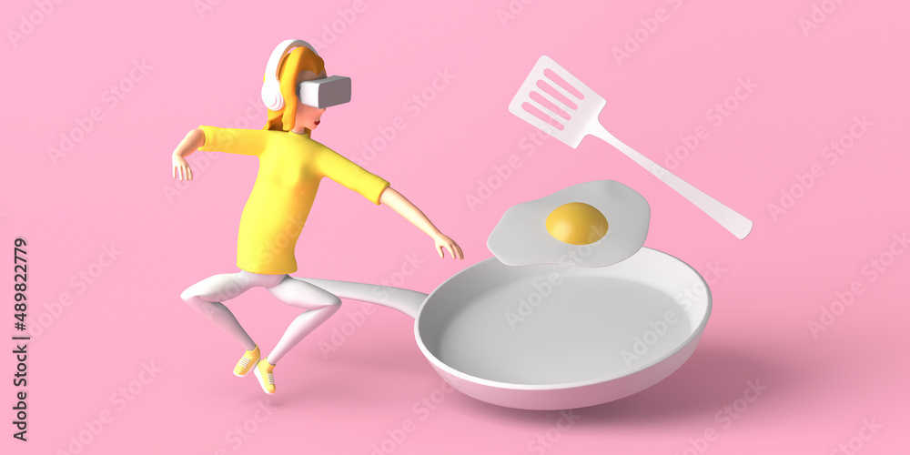Woman floating using virtual reality goggles with frying pan and fried eggs. Virtual and artificial food. Copy space. 3D illustration. Cartoon. Woman floating using virtual reality goggles with frying pan and fried eggs. Virtual and artificial food. Copy space. 3D illustration. Cartoon.