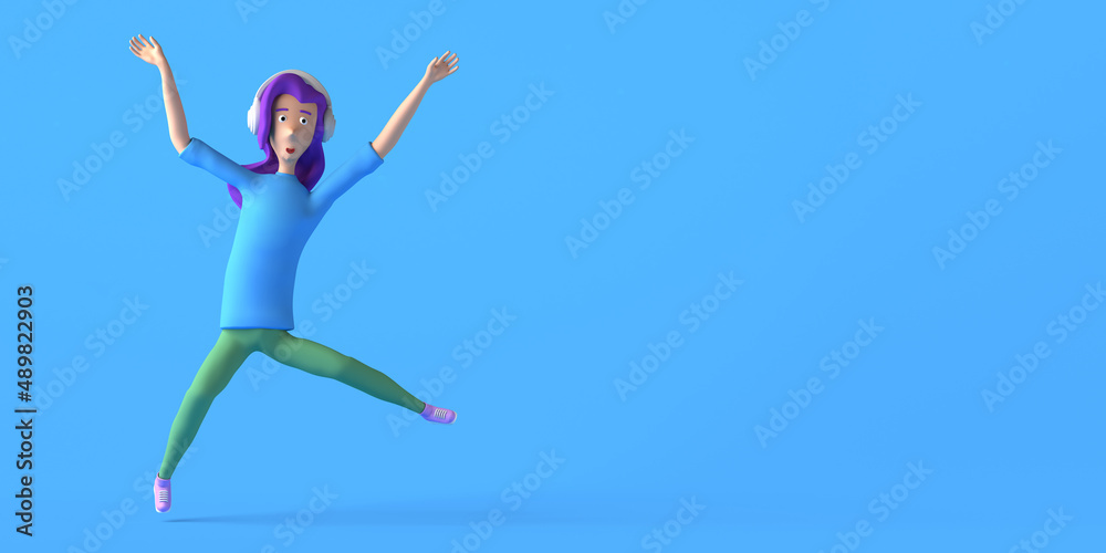 Young woman jumps listening to music with headphones. 3D illustration. Copy space.