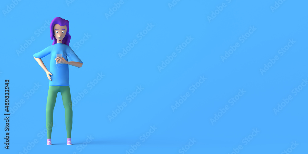 Young woman using smartphone on blue background. 3D illustration. Copy space. Young woman using smartphone on blue background. 3D illustration. Copy space.