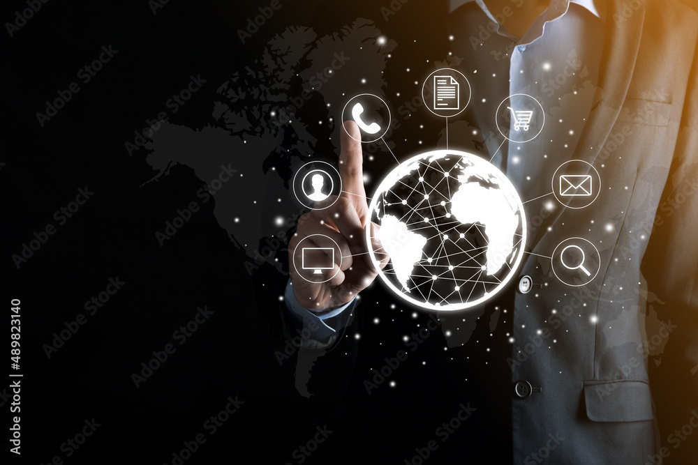 Fototapeta premium Business man hiold, use,press infographic icon of community technology digital.Concept of hi tech and big data. Global connection.IoT Internet of Things . ICT Information Communication Network .