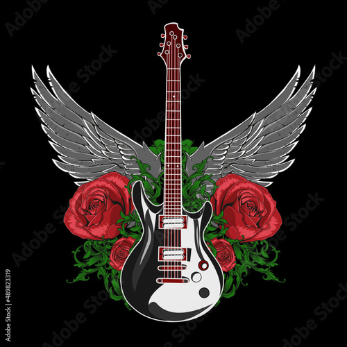 Rock guitar with wings and red roses