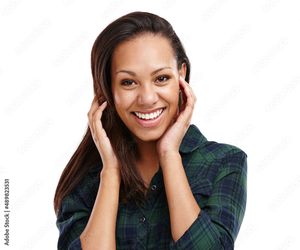 Modest about her beauty. Portrait of an attractive young woman wearing a checkered shirt isolated on white. Modest about her beauty. Portrait of an attractive young woman wearing a checkered shirt isolated on white.