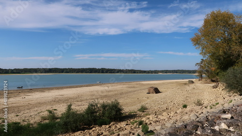 Plage d  serte au bord du lac du Der Chantecoq  paysage de nature sauvage en Champagne Ardenne  dans la r  gion Grand Est  sous un ciel bleu  France 