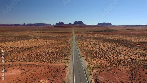 Scenic View Of Monument Valley From US Route 163 In Utah. Forrest Gump Point Revealed. aerial drone pullback photo
