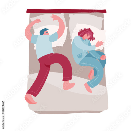 Man and woman sleeping. Young couple nap on linens, pillows and blanket.