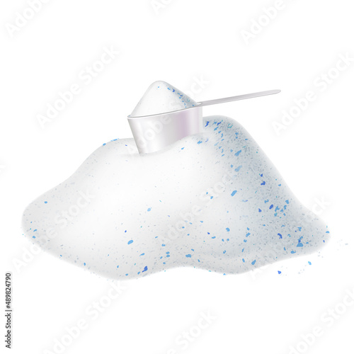 Detergent Powder Heap And Measuring Scoop Vector. Granulated Chemical Detergent Stack For Washing Fabric Clothing And Measurement Cup Accessory. Disinfectant Template Realistic 3d Illustration