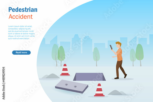 Pedestrian accident and safety. Man careless walking on pathway while chatting on smartphone unaware of falling into open manhole sewer drain.