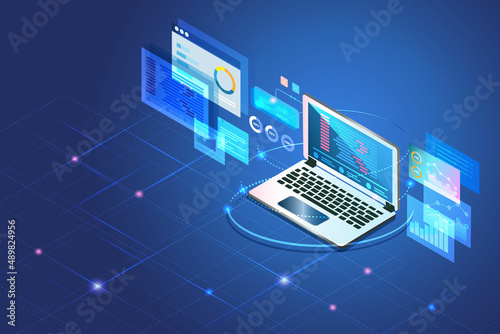 Web development, software coding and programming on application in laptop computer devices with script language testing and graphical icons.
