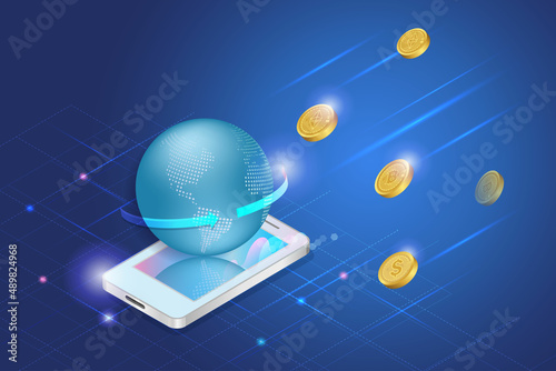 Cryptocurrency coins falling on 3D globe on smart phone. Bitcoin digital investment, defi decentralized finance technology on crypto stock exchange trading application concept.