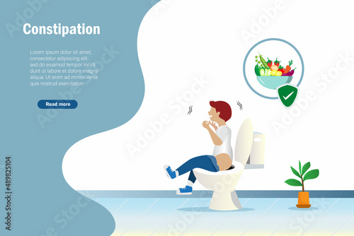 Boy suffering from constipation, diarrhea, stomach pain in restroom with vegetables bowl sign recommend. Medical and healthcare for child concept.