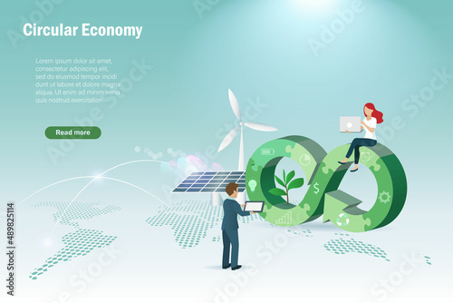 Circular economy in jigsaw puzzles  with wind turbines and solar panel on world map. Businessman team set up sustainable strategy goal of eliminating waste and pollution by using natural resources. photo