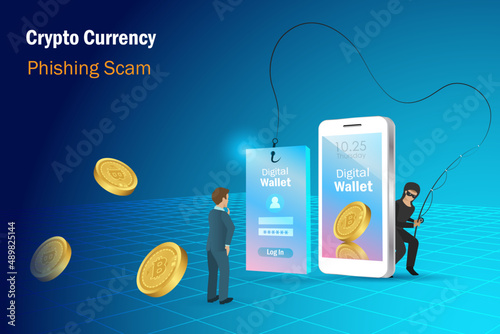 Crypto currency phishing scam, cyber attack. Hacker, scammer online phishing bitcoin on fake digital wallet website. Cyber security awareness concept.