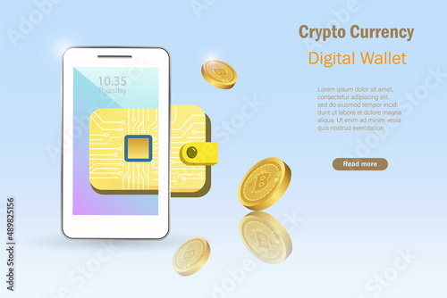 Digital E wallet, 3D bitcoin crypto currency with microchips on smartphone. Crypto digital money in electronic wallet account. Bitcoin investment, defi decentralized finance concept.