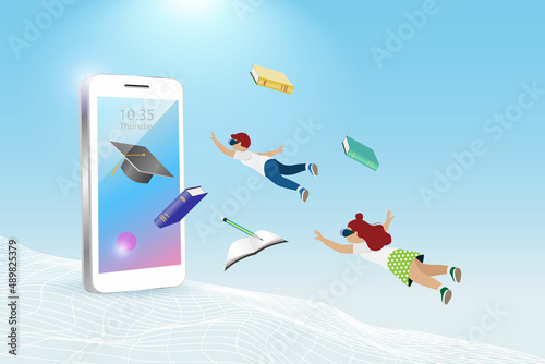 Metaverse virtual  education technology. Kids wear VR goggle glass flying to experience 3D space simulation interface on smart phone screen.