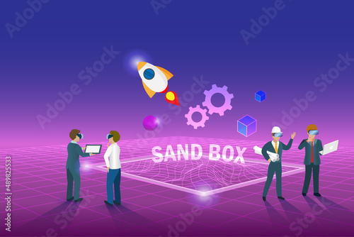 Sandbox, demo test software programing. Engineering team discuss virtual experiment  program in metaverse sanbox simulation background