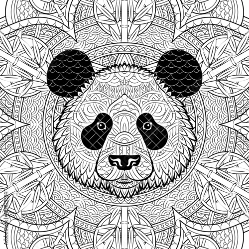 Panda face pattern on ornament background. Portrait of giant panda isolated on white background. Painted ethnic ornament. Chinese style. Tribal ornament painted by hand. Series ethnic animals.