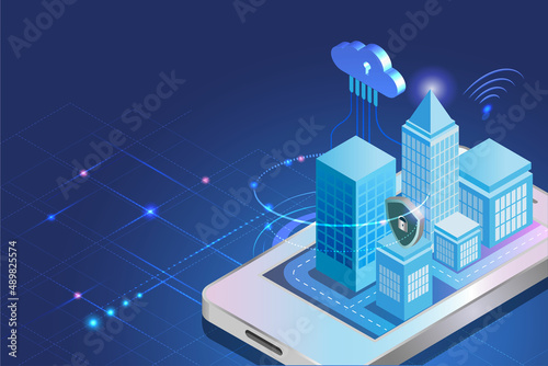 Smart city buildings with digital wireless cloud computing technology and cyber security protection in futuristic background. Intelligence 5G internet of things concept.