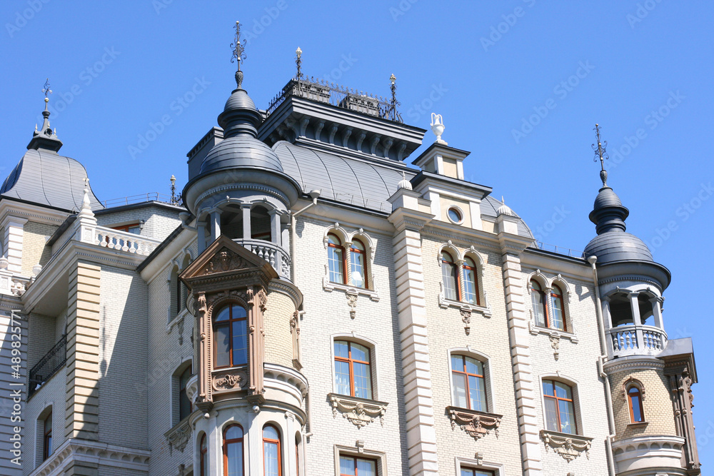 Kazan, Russia - 12 July 2021 - Fragment of the facade of a building. Streets of Kazan, panoramic view of the city on a summer day, buildings and architecture of the city.