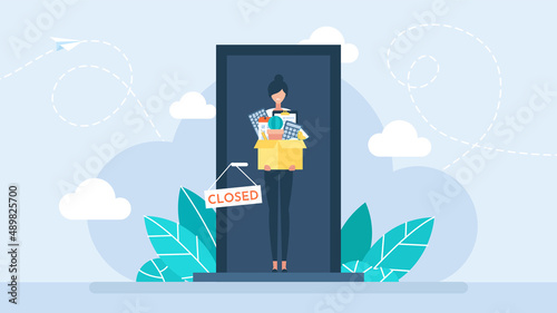 Firing from a job. Job cuts. Dismissal employee. Fired sad female office worker holding a box with work things. Unemployment and Jobless concept. The door is closed. Vector business flat illustration.