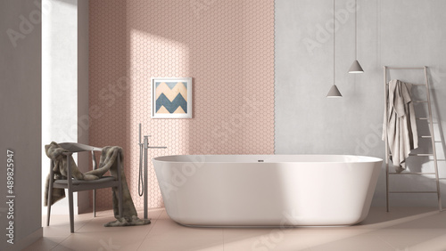 Modern cozy minimalist bathroom  freestanding bathtub  mosaic hexagonal pastel tiles  armchair with fur  concrete white walls  contemporary interior design showcase concept idea