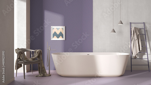 Modern cozy minimalist purple bathroom  freestanding bathtub  mosaic hexagonal pastel tiles  armchair with fur  concrete white walls  contemporary interior design showcase concept idea