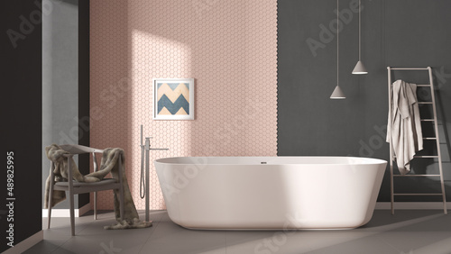 Modern cozy minimalist dark bathroom  freestanding bathtub  mosaic hexagonal pastel tiles  armchair with fur  concrete white walls  contemporary interior design showcase concept idea
