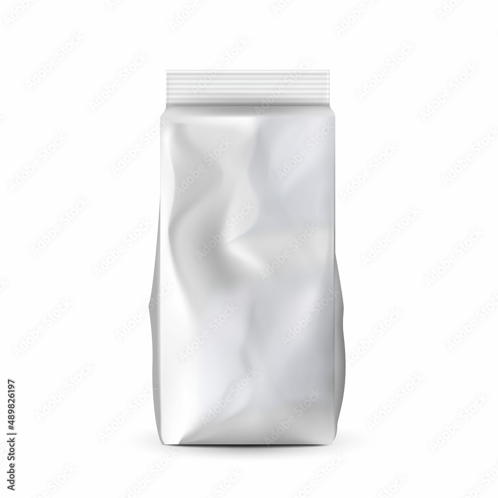 Coffee bag package pack template. Mockup coffee pouch. Foil food zip. Plastic clean arabica container vector realistic illustration