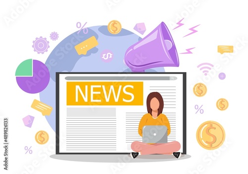 Young woman reading global news online from laptop. Devices usability concept illustration.