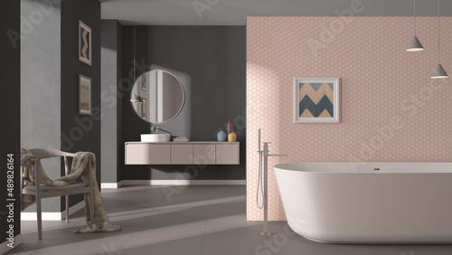 Cozy minimalist bathroom in dark and pastel tones, freestanding bathtub, tiles and concrete walls, washbasin, mirror, armchair, colored vases, decors, interior design project concept