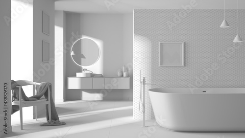 Total white project draft  cozy bathroom  freestanding bathtub  tiles and concrete walls  washbasin  mirror  armchair  colored vases  decors  interior design project concept
