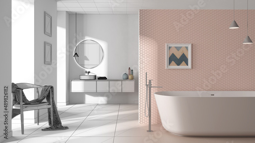 Architect interior designer concept  hand-drawn draft unfinished project that becomes real  bathroom  freestanding bathtub  tiles and concrete walls  washbasin  mirror  armchair