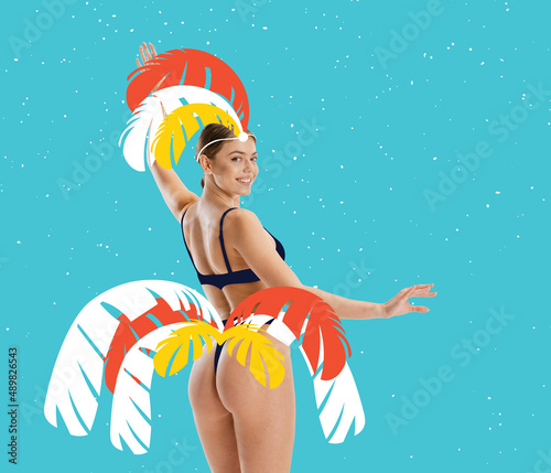 Bright art collage with adorable happy woman wearing drawn colorful carnival costume on abstract background. Concept of festival, holdiays, art, fashion photo