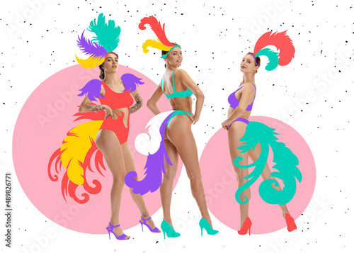 Three excited, slim girls wearing drawn colorful carnival costumes on abstract background. Concept of festival, holidays, art, fashion