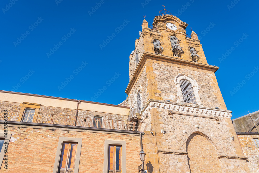 View of the Ancient Medieval Adelasia Tower and Santa Maria La Cava Church in Aidone, Enna, Sicily, Italy, Europe