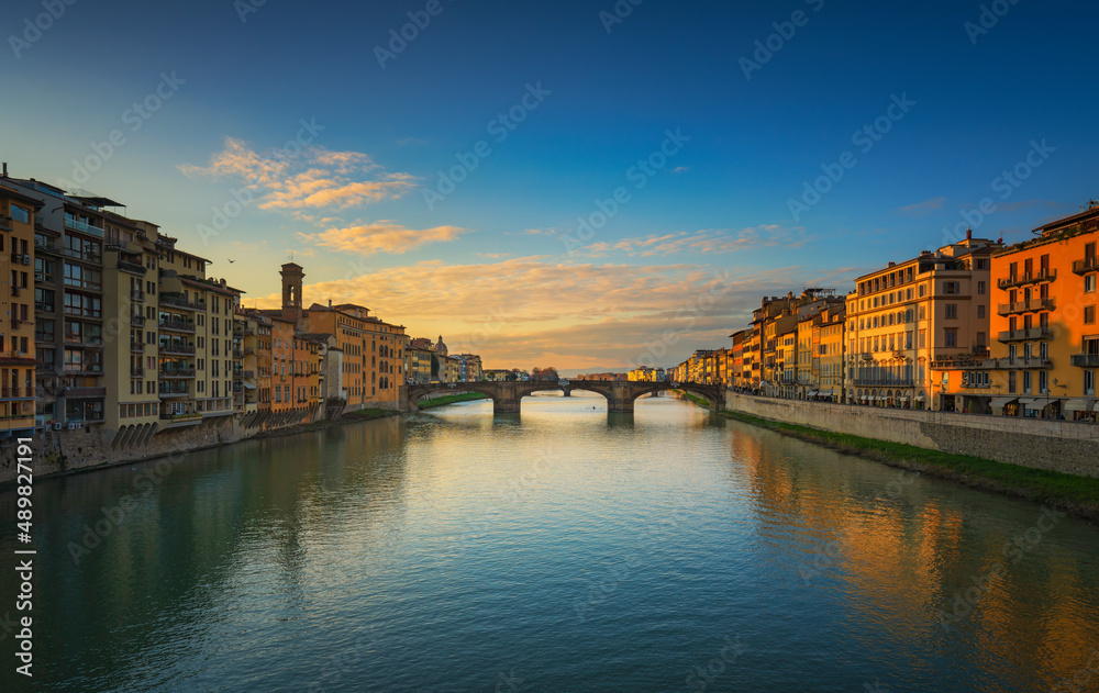Carraia medieval Bridge on Arno river at sunset. Florence Italy