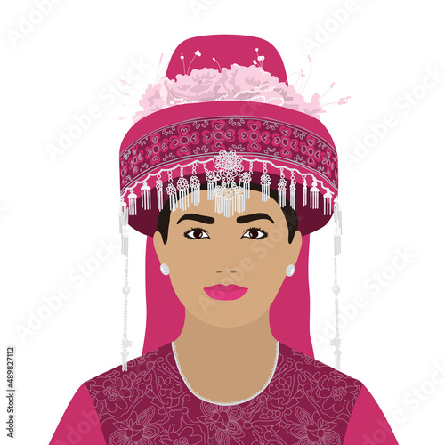 Vector portrait of a Lao woman in festive national clothes.Illustration in a flat style isolated on a white background.