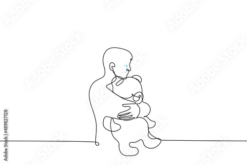 man crying while hugging a teddy bear - one line drawing. concept psychological session, "inner child" of an adult, loneliness, loss of a child, grief and resentment