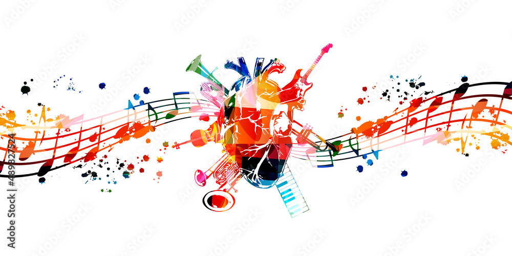 Love and passion for music background. Human heart with colorful musical notes and instruments poster for live concert events, music festivals and shows, party flyers vector illustration - obrazy, fototapety, plakaty 