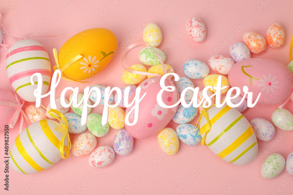 Pastel and colorful easter eggs on pink background with HAPPY EASTER word, Springtime holiday concept, flyer, invitation, banner for your site Pastel and colorful easter eggs on pink background with HAPPY EASTER word, Springtime holiday concept, flyer, invitation, banner for your site
