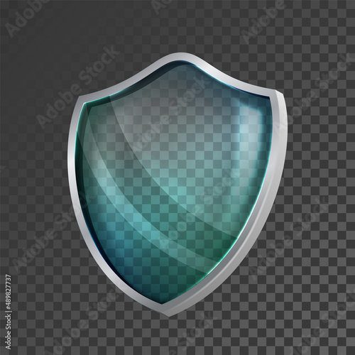 Glass shield protect. Care badge. Blue transparent emblem. Safety glass. 3d realistic vector