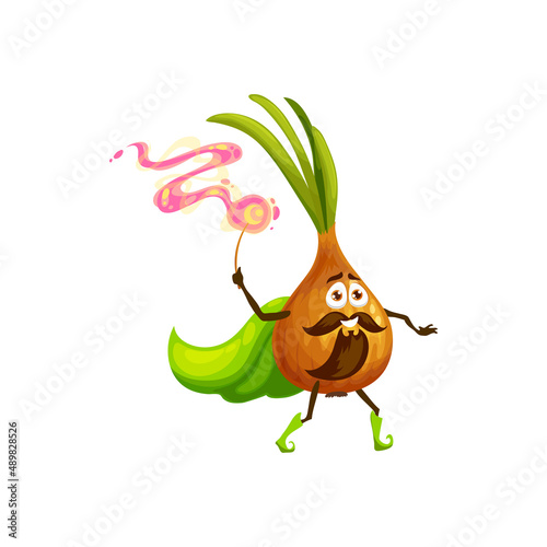 Onion cartoon character with magic wand and cape isolated cute emoticon with mustaches and beard. Vector cute veggie, fresh kawaii vegetable sorcerer with green leaves, farm garden magician