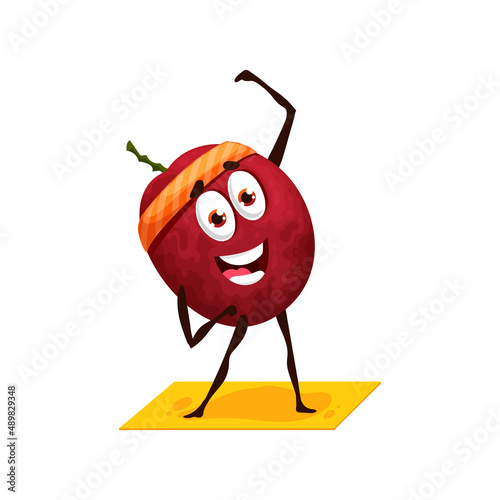 Maracuya whole berry in sport band on head doing fitness exercises isolated cartoon character. Vector passion fruit, ripe passionfruit, summer dessert. Oval pepo berry on yoga pilates mat or rug
