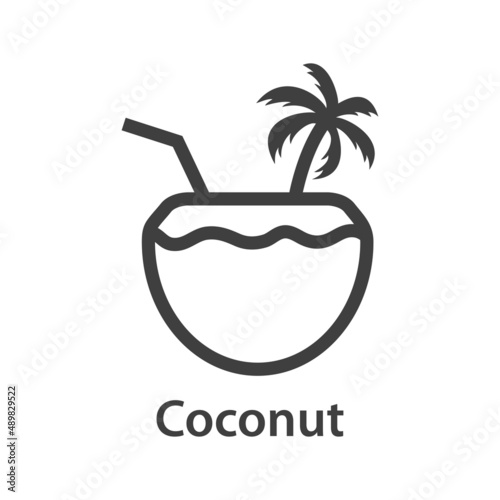 Beach bar. Logo bebida de agua de coco. Banner con texto Coconut con coco con palmera con líneas en color gris