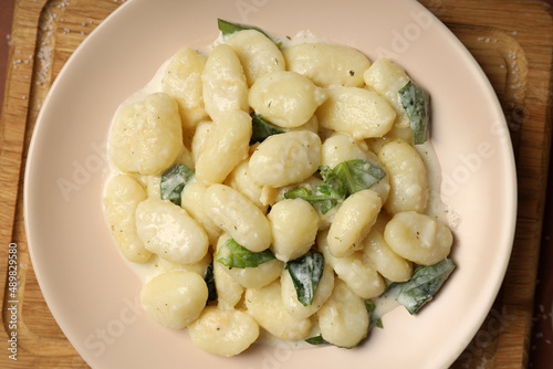 Concept of tasty food with gnocchi, top view